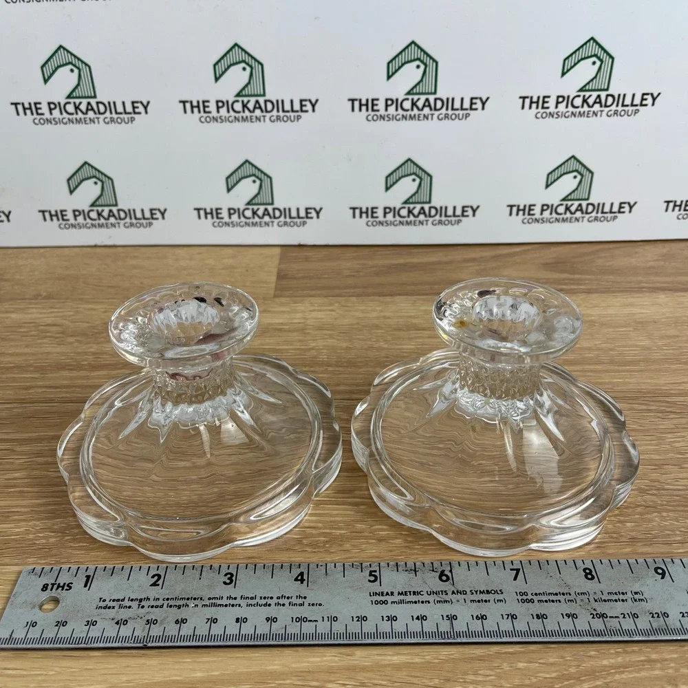 Vintage Clear Pressed Glass Scalloped Petal Taper Candlestick Holders Pair 3in